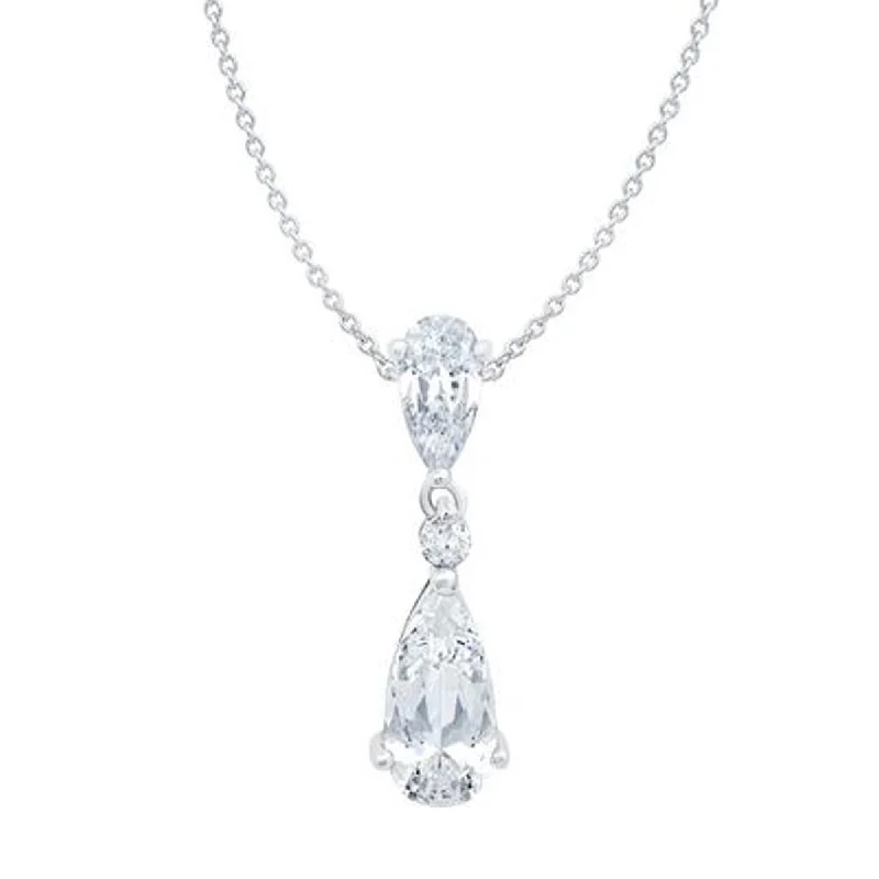 Crislu Cubic Zirconia Double Pear Drop Necklace in Sterling Silver with a Platinum Finish