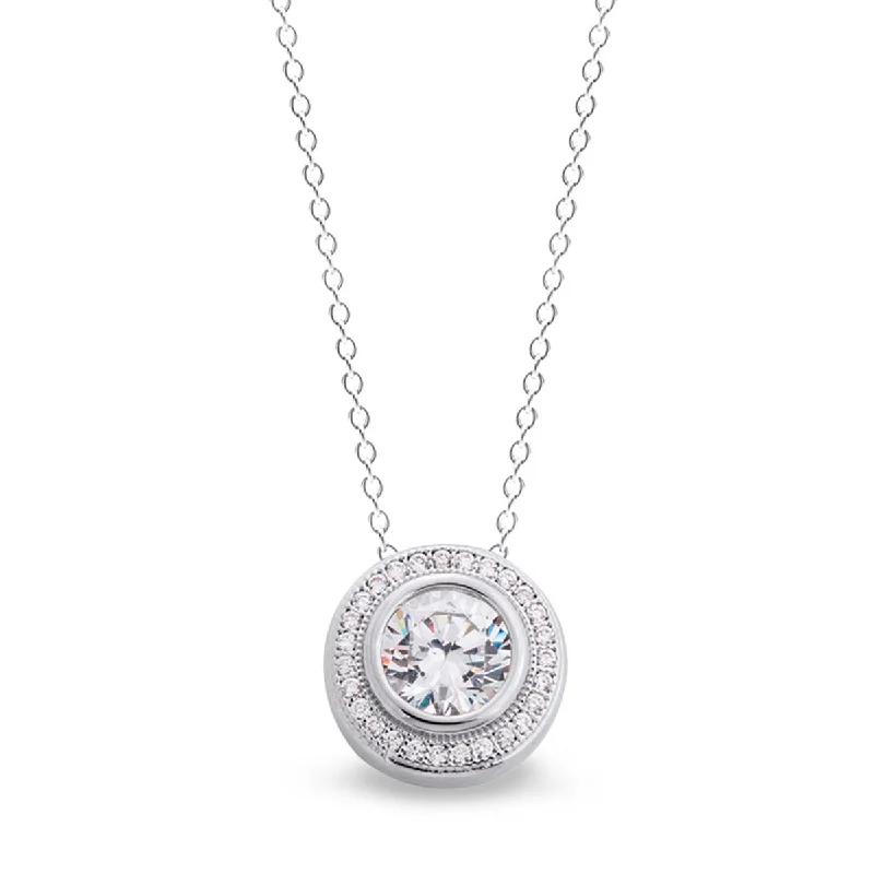 Cubic Zirconia Halo Necklace in Sterling Silver with Platinum Finish