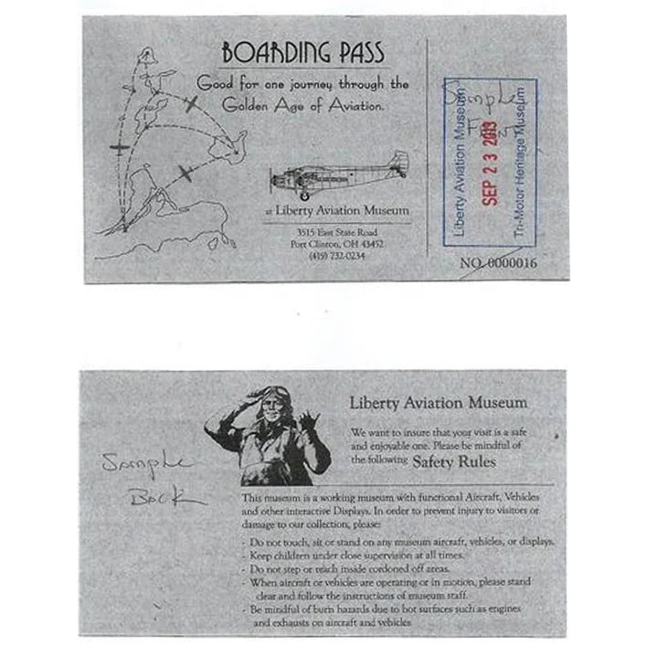 Liberty Aviation Museum Gift Museum Admission "Boarding Pass" Adult Ticket