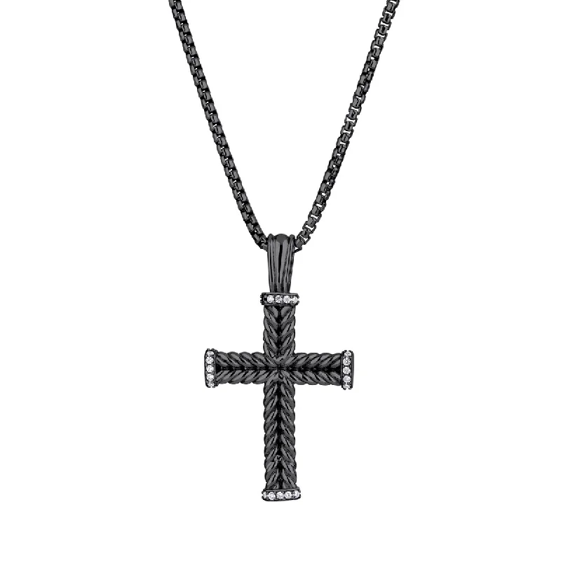 Mens Cubic Zirconia Twist Cross Necklace in Sterling Silver and Black Rhodium