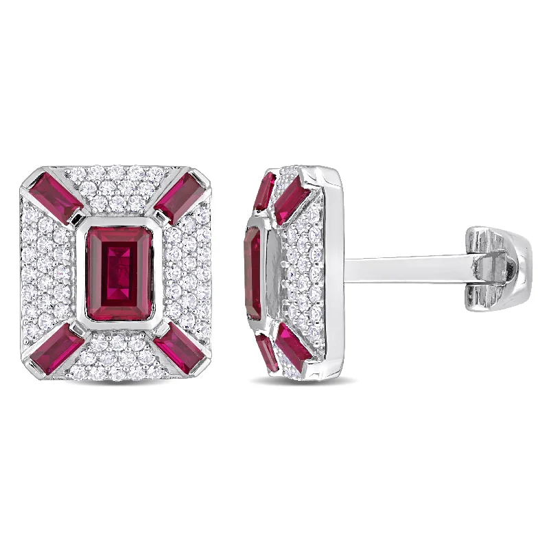 Mimi & Max 5-1/4ct TGW Octagon and Baguette-Cut Created Ruby and Created White Sapphire Cufflinks in Sterling Silver