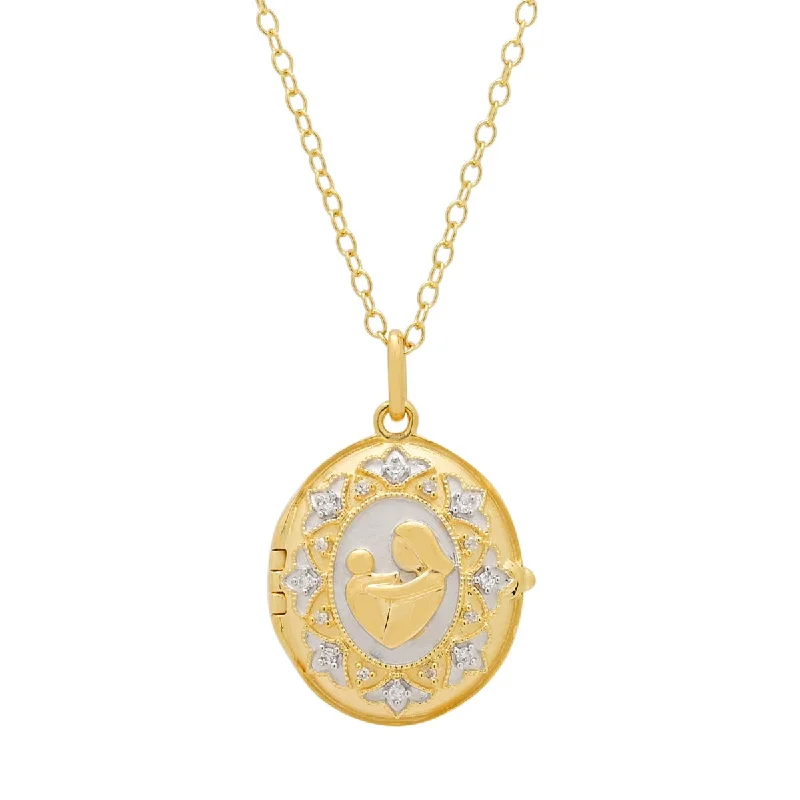 Mother and Child Locket in Sterling Silver and Yellow Gold Plate with Diamonds (1/20ct tw)