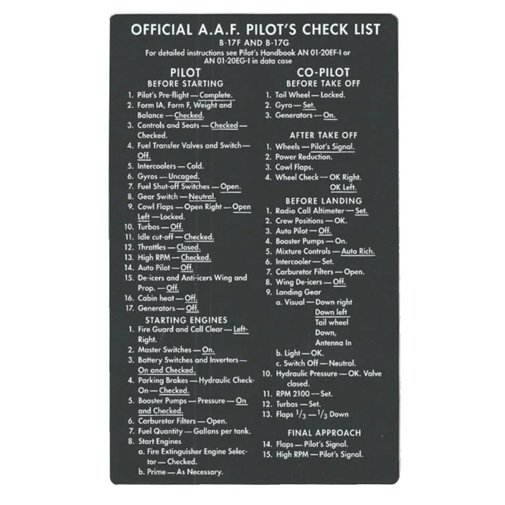 Replica WWII Official A.A.F. Pilot's Check List for Boeing B-17F & B-17G Flying Fortress