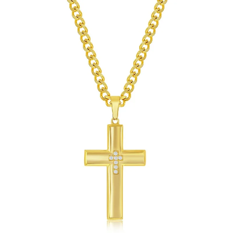 Stainless Steel & CZ Cross Necklace - Gold Plated