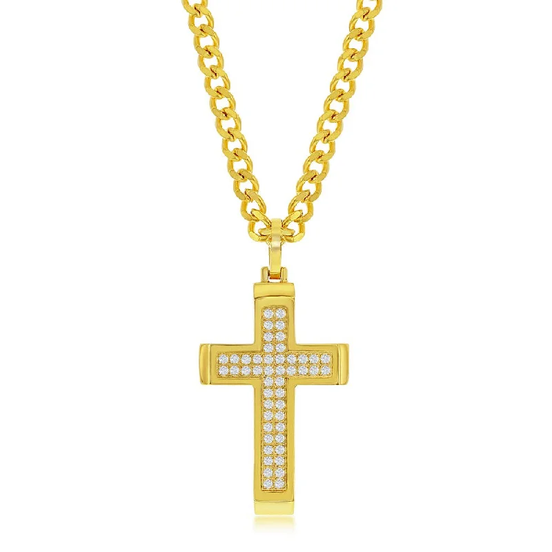 Stainless Steel Polsihed CZ Cross Necklace - Gold Plated